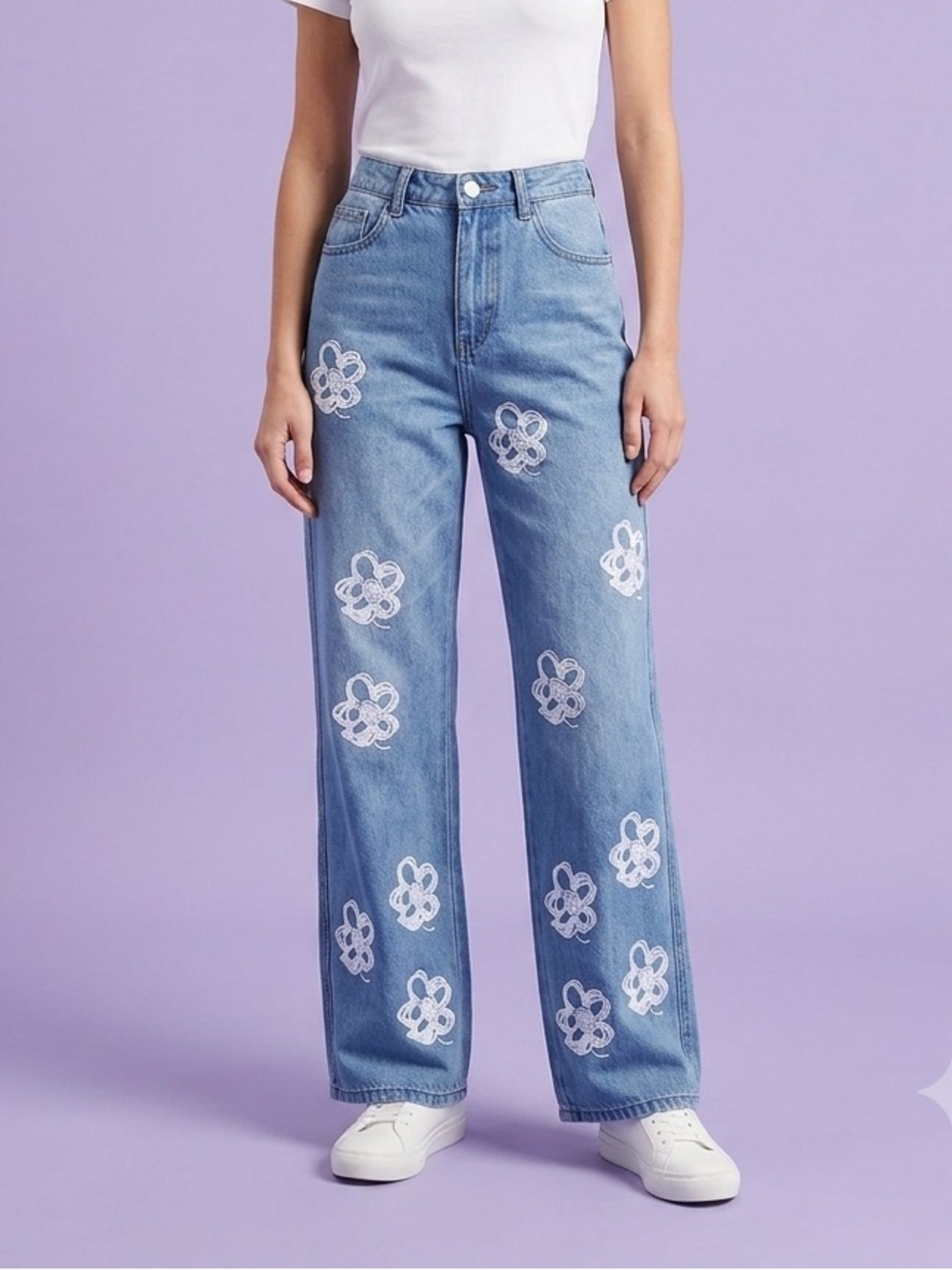 Light Blue Floral-Appliqué Wide-Leg Jeans
